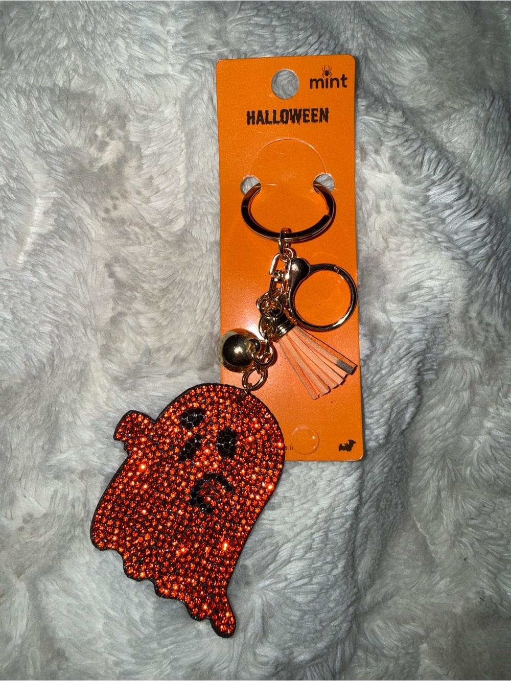 Orange Halloween Crystal Ghost Keyring with Gold Hardware